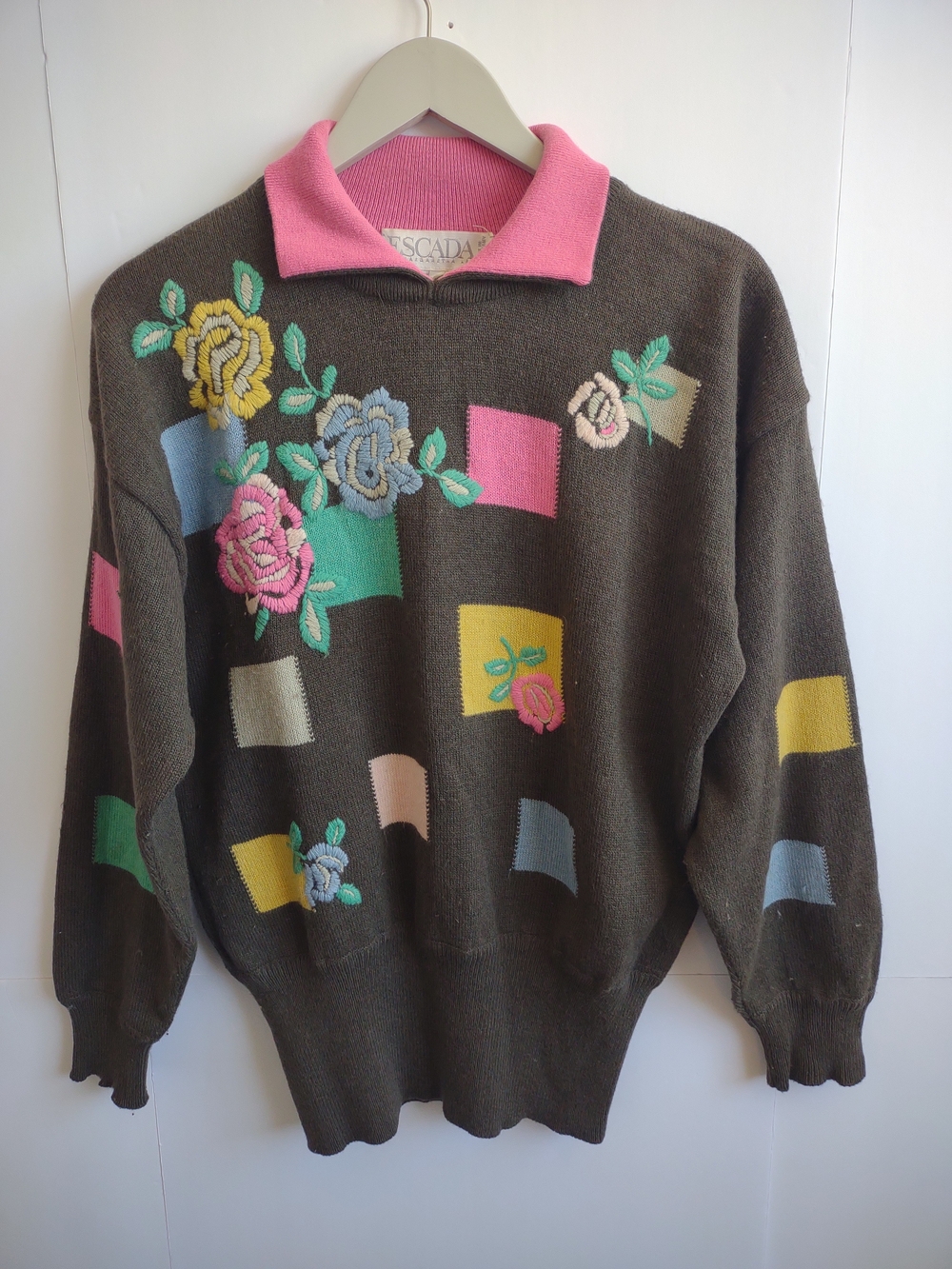 Escada Vintage Angora Wool Sweater Floral Colorblock Knit Size 38